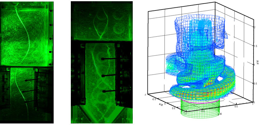 примеры визуализации течения с формированием спиральных вихревых структур в гидравлической модели тангенциальной топки 