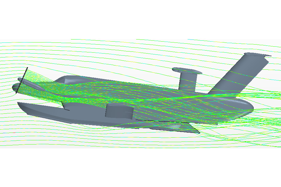 Визуализация потока от носовых движителей и течения вокруг экраноплана линиями тока