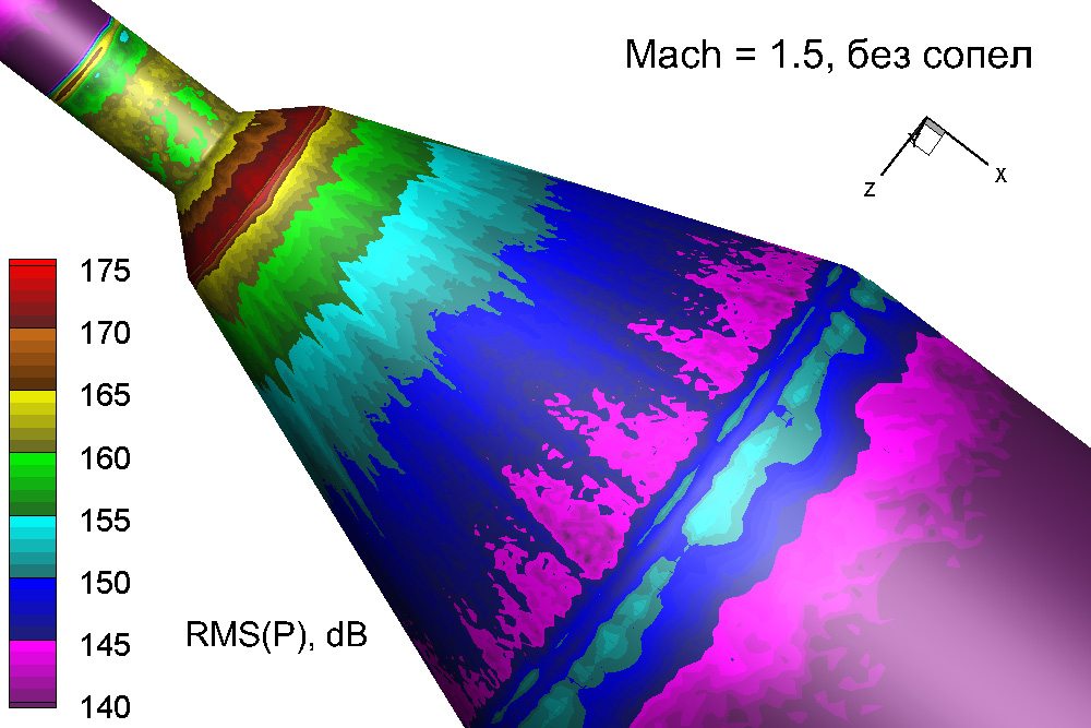 Поля среднеквадратичных пульсаций давления на поверхности ВА для режима 3 M = 1.5