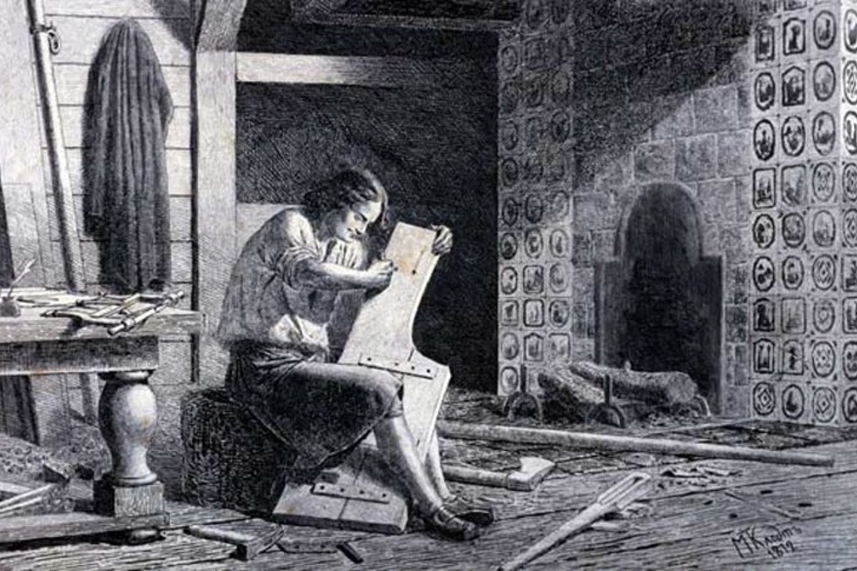 М. П. Клодт. «В мастерской (Пётр I за изготовлением руля)». 1872 г.