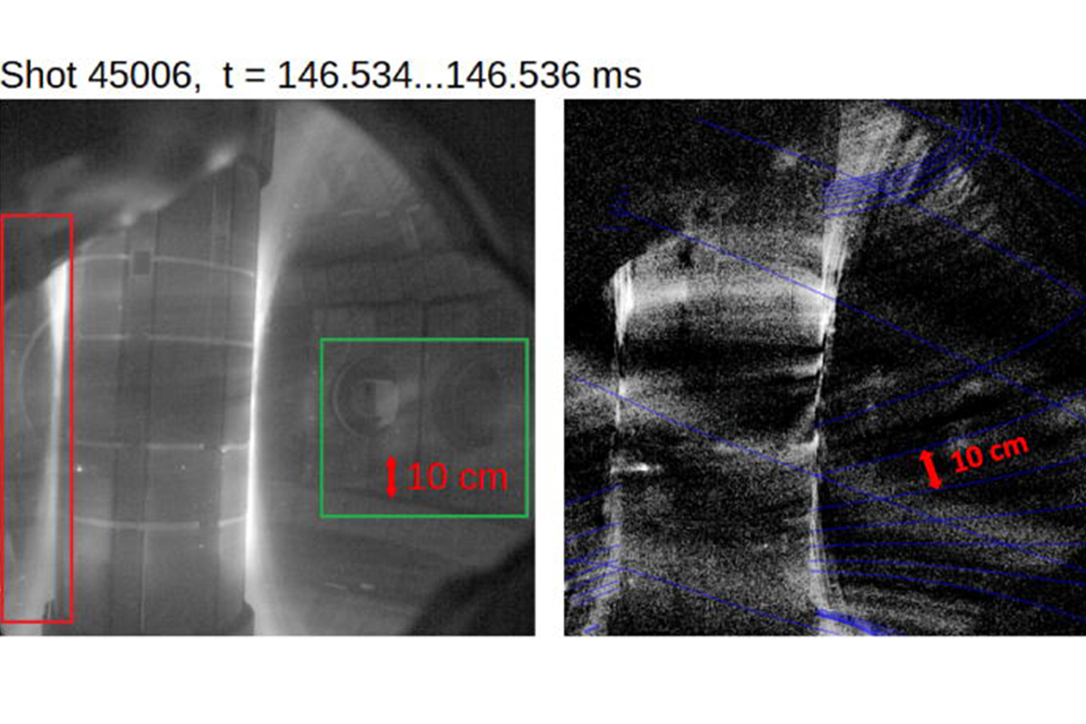 Кадры быстрой камеры, на которых видны яркие линии — филаментарные структуры, синим выделены линии магнитного поля, вдоль которых филаменты и вытянуты 