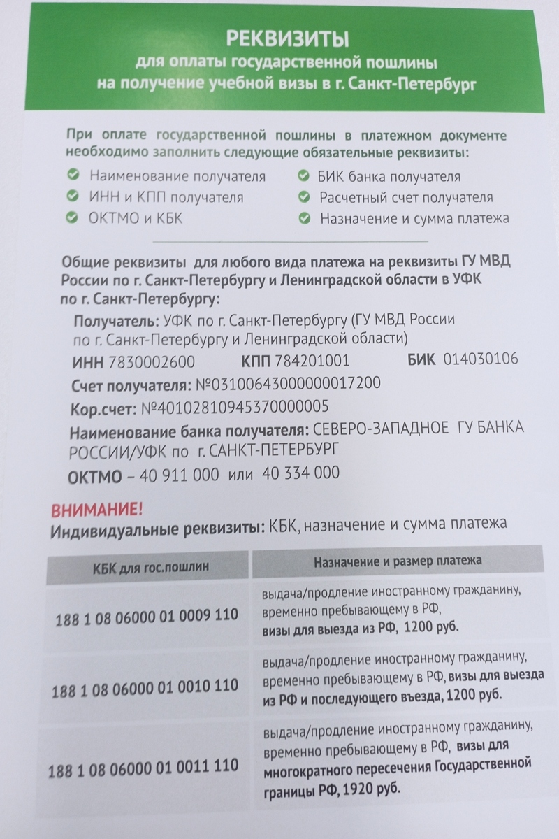 Реквизиты для оплаты продления визы