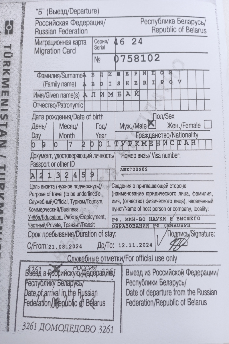 Пример миграционной карты
