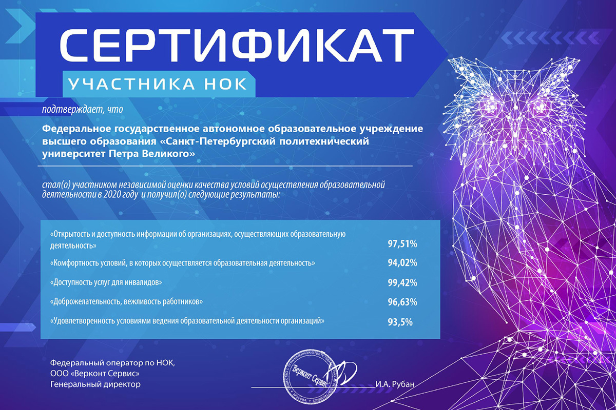 Политех получил сертификат о прохождении независимой оценки качества образовательной деятельности 