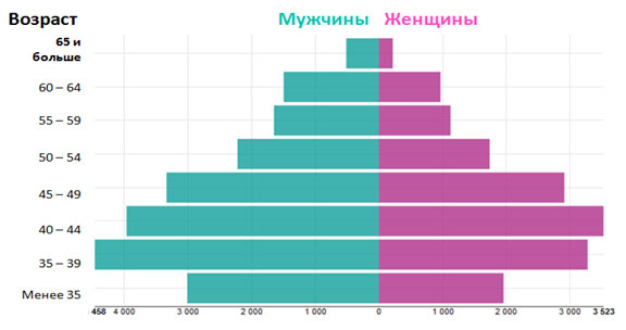 Пирамида возрастов доцентов французских вузов в 2012/2013 учебном году